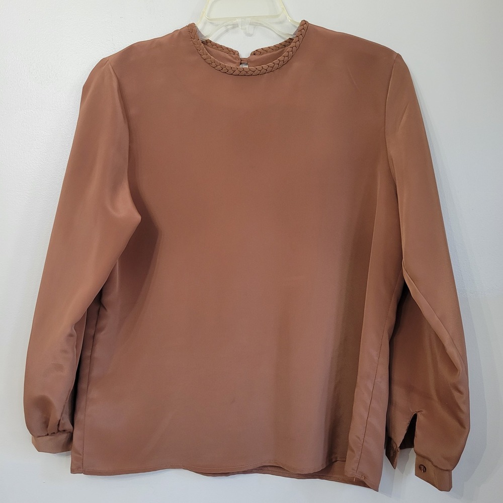 Lauren‎ Lee Vintage Brown Braided Neckline Long Sleeve Blouse Size 12